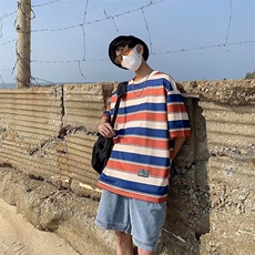 条纹短袖男复古t恤五分袖宽松原宿风衣服夏季港风半袖TC3096，男装风衣，星座1116A-1（原606A）