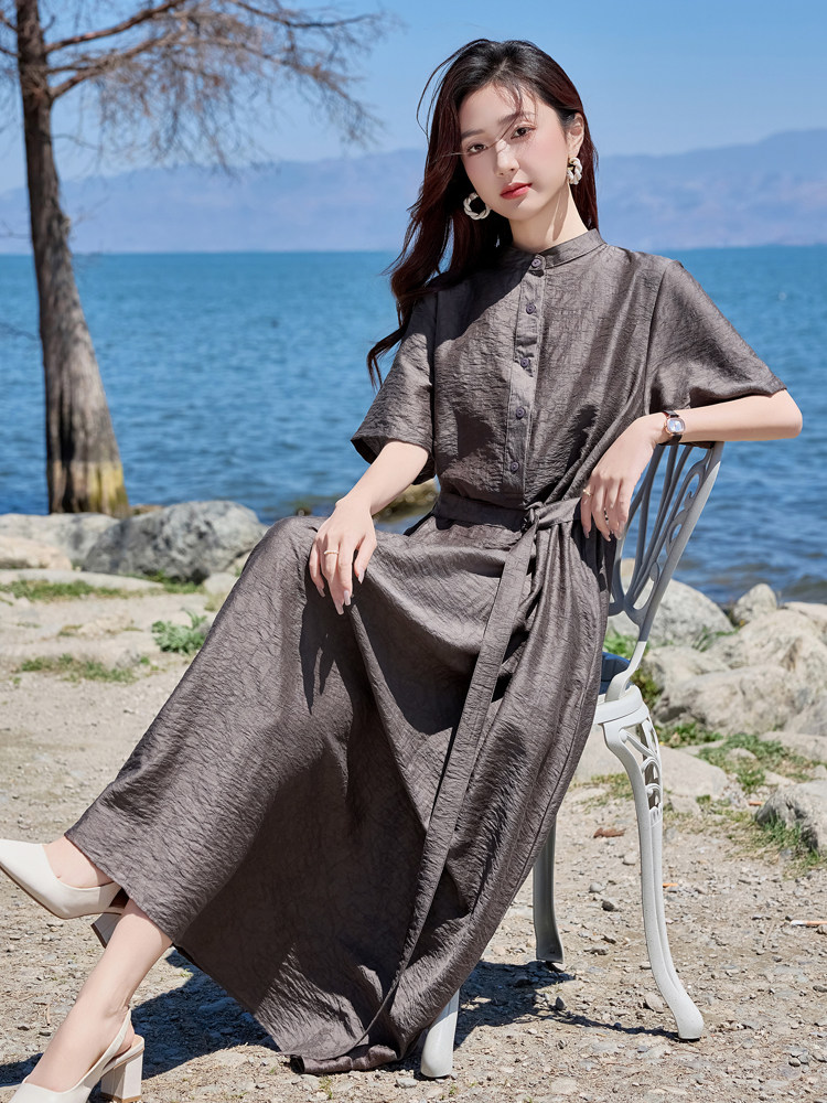 天丝连衣裙女夏季2025新款高端洋气时尚系带收腰显瘦气质复古裙子,女装连衣裙,缘衣格