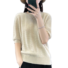 春秋新款女圆领羊毛衫中袖宽松打底衫纯色镂空针织毛衣T恤衫，女装羊毛衫，朝辰羊绒