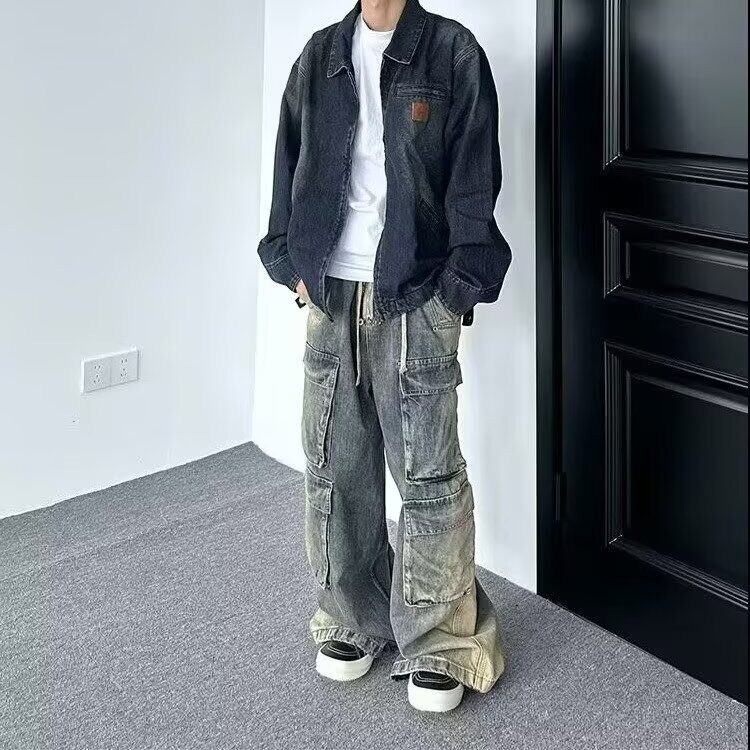 高街水洗解构渐变多口袋工装牛仔裤男抽绳宽松阔腿裤G882-P65,男装牛仔裤,星座1001-1