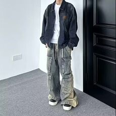 高街水洗解构渐变多口袋工装牛仔裤男抽绳宽松阔腿裤G882-P65，男装牛仔裤，星座1001-1