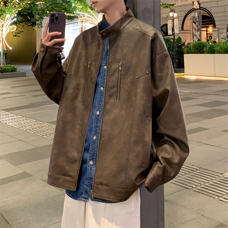 夜景机动皮衣美式潮牌骑行服皮夹克外套光板二开A406 JK193 特P85图片