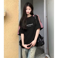 抖音得物品质二开240克宽松纯棉美式潮牌印花三条杠中性风短袖T恤，男装T恤，电商A486