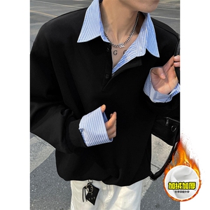 重磅加绒硬挺boxy男女美式高街假两件衬衫领长袖卫衣POLO领打底衫,男装T恤,电商A486-1