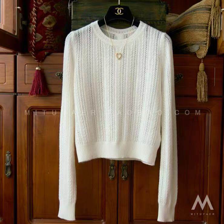 新款纯色镂空后背带扣休闲风，女装针织衫/毛衣，百纯羊绒