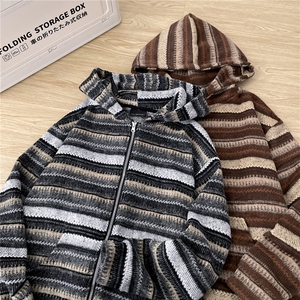 1506/QYW380/P53美式复古毛呢条纹开衫男女慵懒风情侣休闲帽衫图片