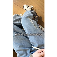 美式街头小熊拼接牛仔裤男冬季加绒加厚设计感阔腿裤XK66133J-P60，男装牛仔裤，电商A042
