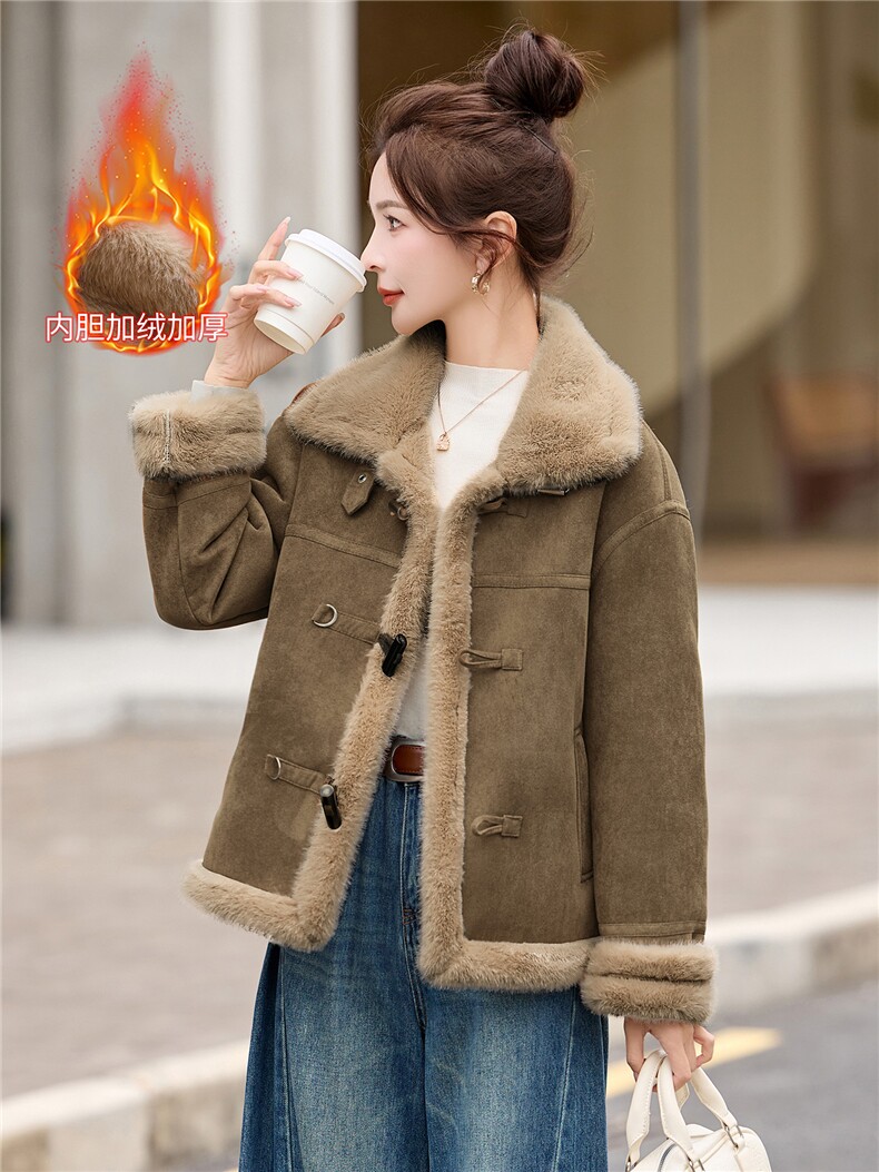 皮毛一体羊羔毛外套女2025秋冬新款小个子加厚牛角扣短款加厚外套,女装羊羔毛/颗粒绒,拾衣