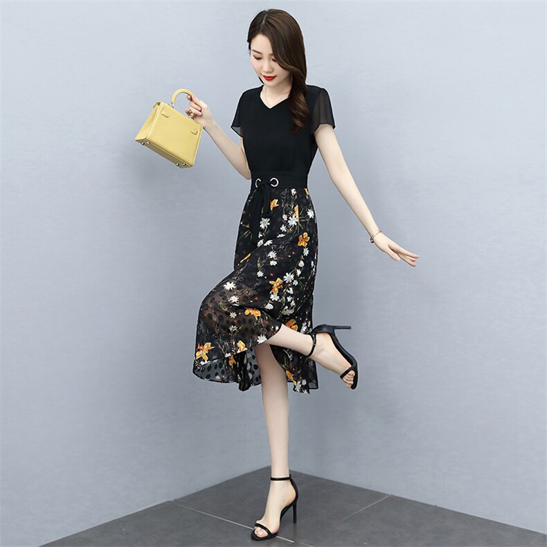 2025夏季碎花雪纺收腰假两件连衣裙女气质拼接裙子温柔长裙,女装连衣裙,牡丹诺