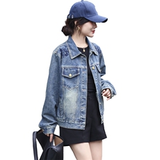 复古牛仔外套女工装风夹克2024秋新港风款宽松显瘦百搭短款上衣潮，女装牛仔外套，江南女神