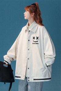 中性风  秋季宽松休闲棒球服纯色笑脸情侣外套女G6720 P65控78图片