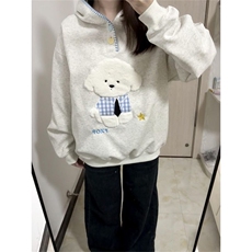 小狗刺绣加绒卫衣男女连帽秋冬加厚宽松慵懒风外套WY9028P55-58，女装短外套，星座1013-5