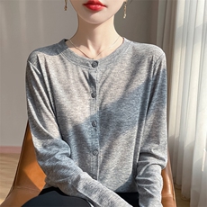 圆领新款针织女长袖纯色开衫简约百搭宽松，女装针织衫/毛衣，绒宛羊绒
