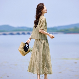 蓝色连衣裙套装女2025新款韩系夏日穿搭一整套短袖吊带裙子三件套图片