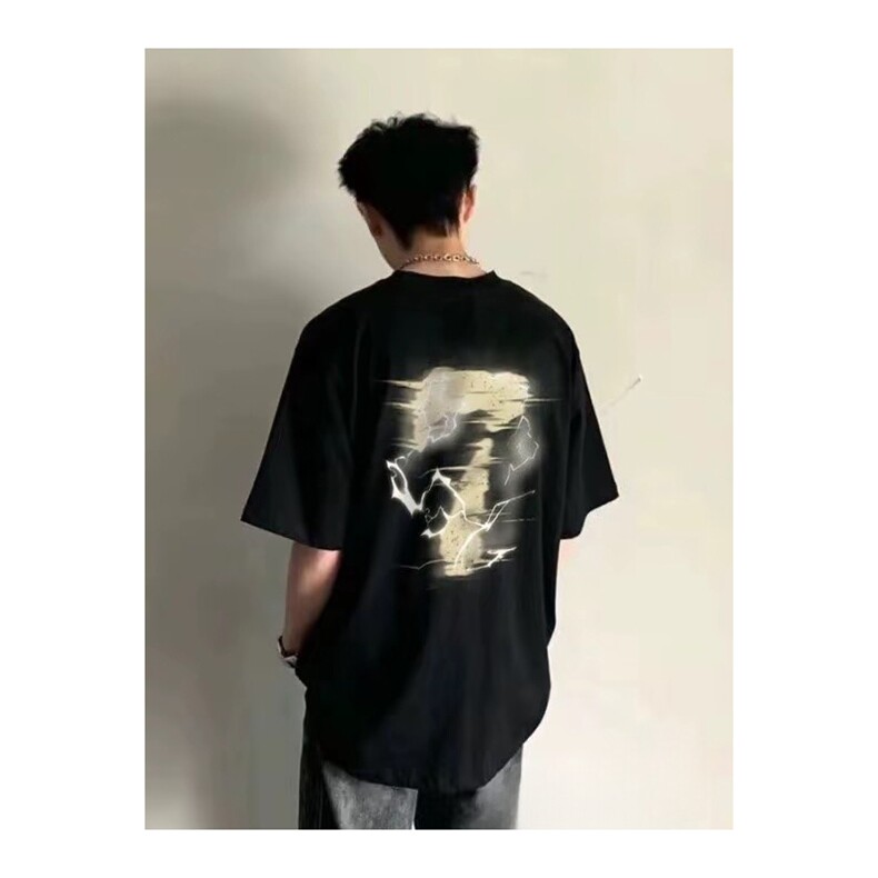 抖音得物 210克现货宽松纯棉美式潮牌印花落肩袖纯棉T恤AT21104图片