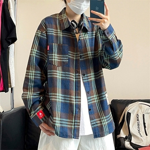 港风宽松复古长袖衬衫格子潮流休闲大码男士 C751 P32【特价】图片