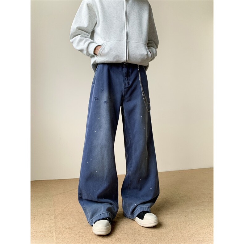 美式复古法工蓝泼墨cleanfit牛仔裤男宽松直筒拖地裤子N0752-P53,男装牛仔裤,星座308B-2