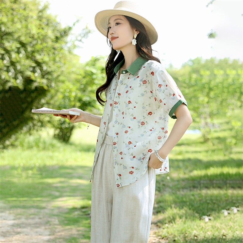 2025夏装新款温柔时尚显瘦复古撞色苎麻碎花衬衫直筒裤女,女装衬衫,凝聚力