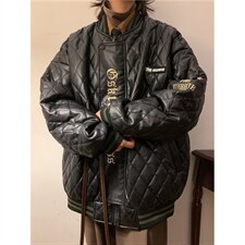 翻领菱形格刺绣PU皮棒球服PU皮棉服拉链仿皮青少年潮纯色Y6581，男装棉衣，星座506