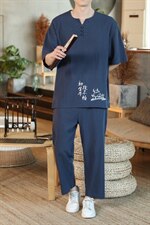 2021夏新风咖啡厅盘扣装饰亚麻男大码印花短袖套装TZ001-P60，男装套装，电商A082