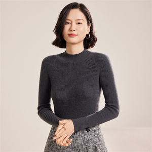 秋冬季30%羊绒休闲简约时尚百搭十二针包领抽条半高羊绒衫图片