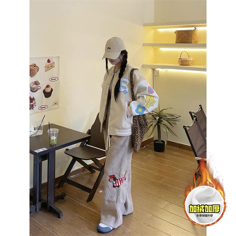 冬季美式刺绣羊羔毛棉裤男女情侣加绒加厚保暖宽松休闲阔腿长裤子,男装棉衣,电商A486-1