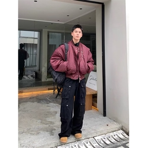 现货DHT148-批85酒红色短款飞行员夹克棉服男美式外套图片