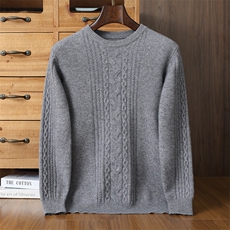 2025年秋季新款百搭麻花长袖圆领套头衫，男装针织衫/毛衣，榆莲羊绒