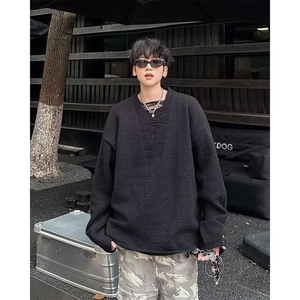 CL9668-P42 美式镂空深V设计长袖针织衫潮男秋季高级感痞帅毛衣图片