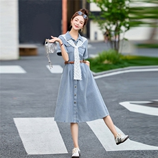 牛仔连衣裙2025夏季新款独特漂亮绝美韩系减龄收腰显瘦蕾丝衬衫裙，女装牛仔裙，乐吉娜