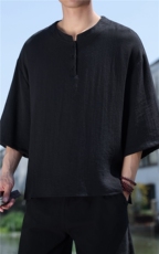 2025夏季风七分袖立领上衣盘扣休闲纯色T恤宽松大码T2510-P60，男装T恤，电商A008