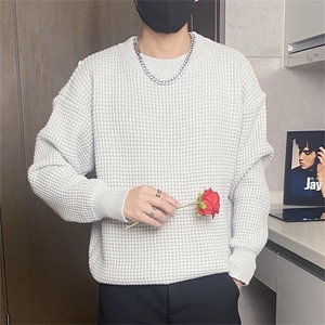 二开M895-特P55男士毛衣纯色高级感内搭圆领线衣华夫格针织打底衫图片