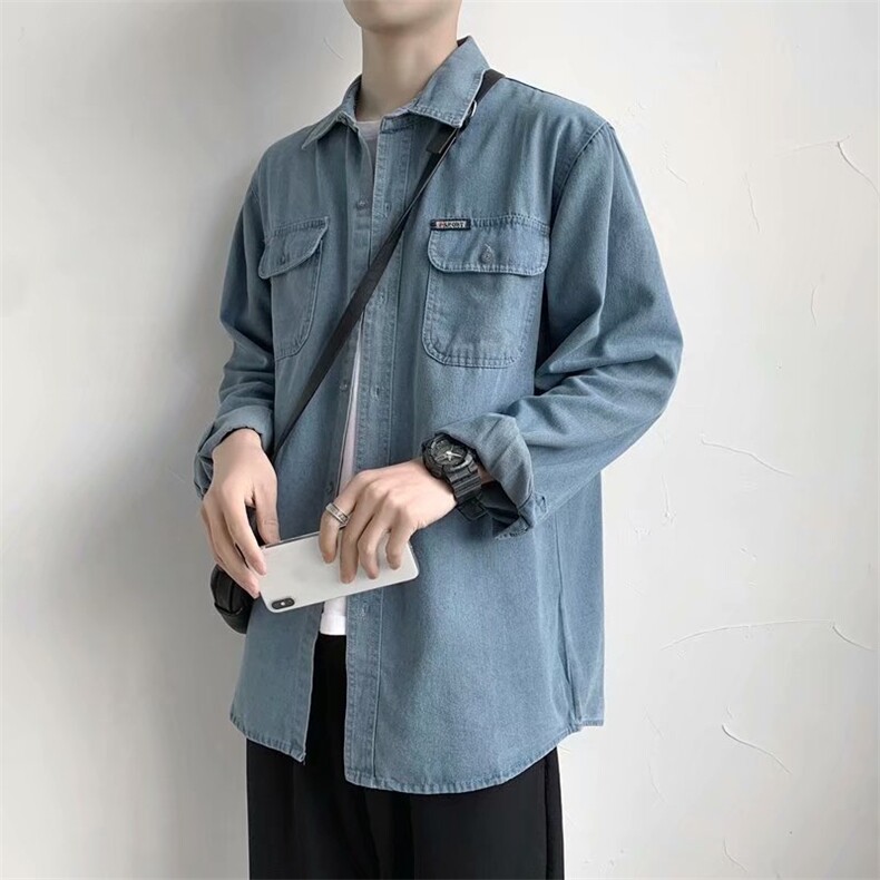 牛仔长袖衬衫男士春秋季宽松衬衣服潮流帅气工装休闲外套CS29-P45,男装衬衫,星座1008