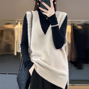 中长款羊毛针织马甲背心女秋冬2024新款100羊毛坎肩毛衣叠穿图片