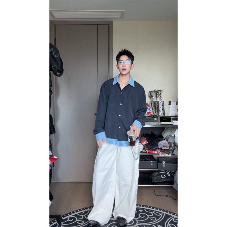 现货潮Miu系假两件藏青色格子长袖衬衫外套CS06-特P38,男装衬衫,电商C310