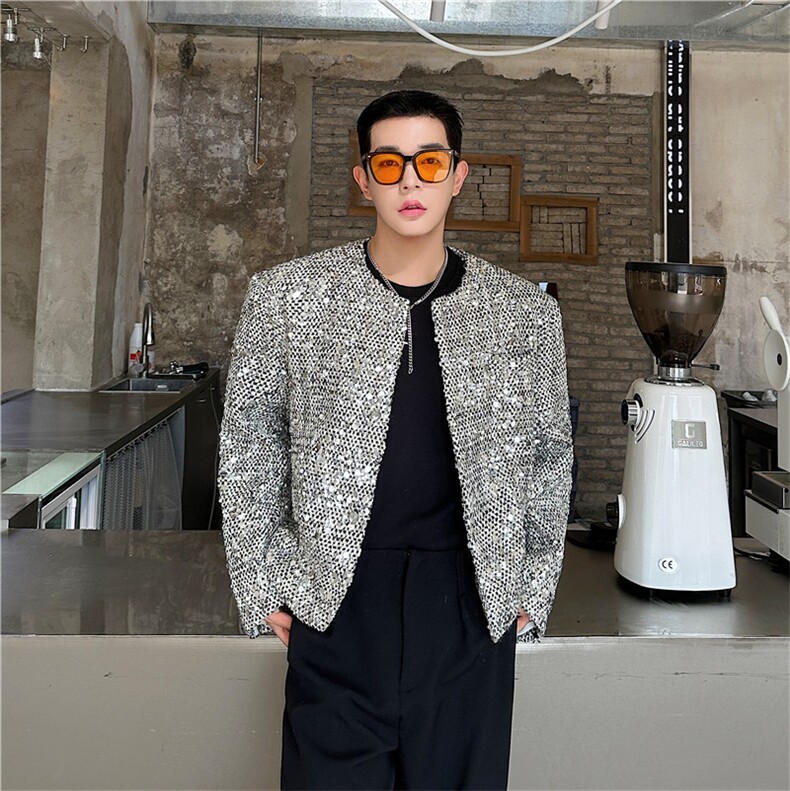 新款潮流时髦小众绣亮片个性韩版舞台造型走秀无领短夹克，男装夹克，星座1304（原C205）