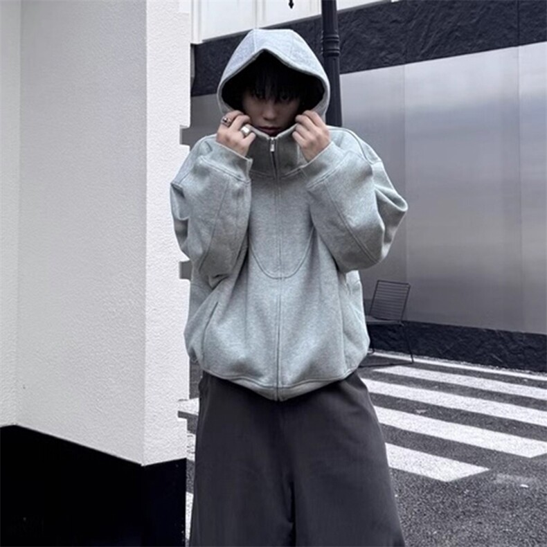 抖音得物高品质二开25秋冬美式高街重磅结构高领连帽卫衣外套W62,男装卫衣,电商A486-1