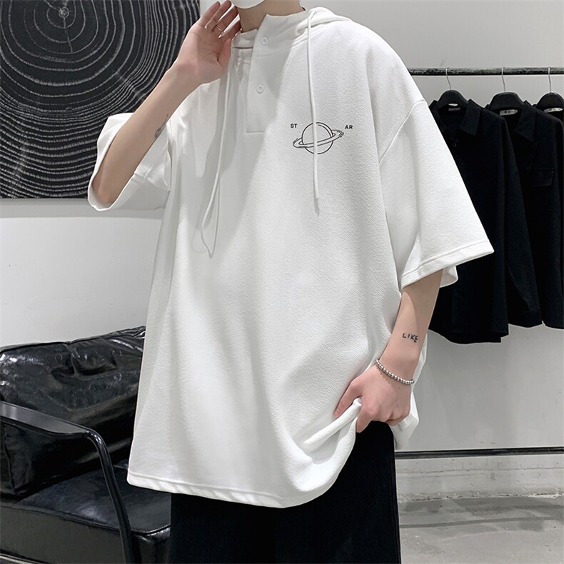LD54238-P45连帽短袖t恤男大码胖子带帽五分袖中袖,男装T恤,电商A040