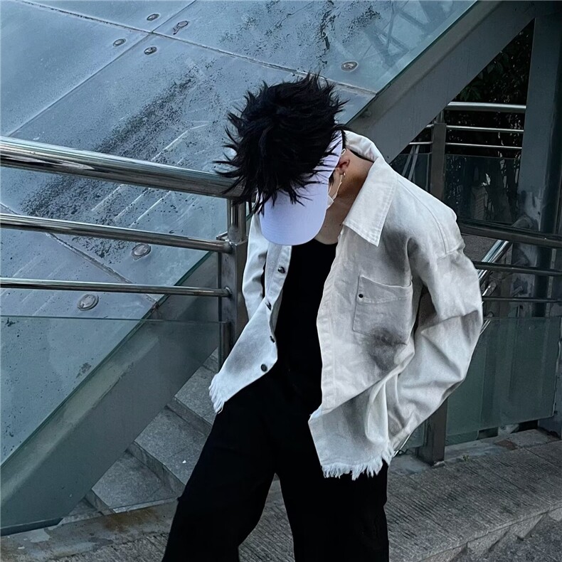 美式复古潮牌背后字母牛仔外套男女宽松破坏毛边情侣夹克,男装工装外套,星座1210-1