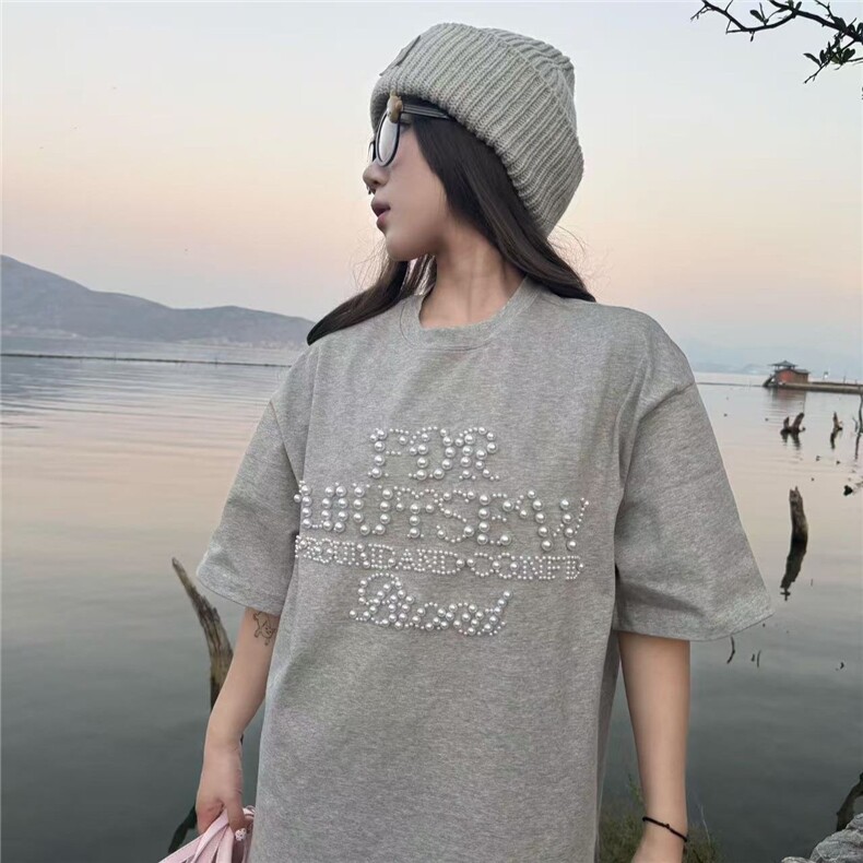 H0547-P40钉珠纯棉+螺纹领+包边拉肩短袖t恤女，女装T恤，星座617A-2