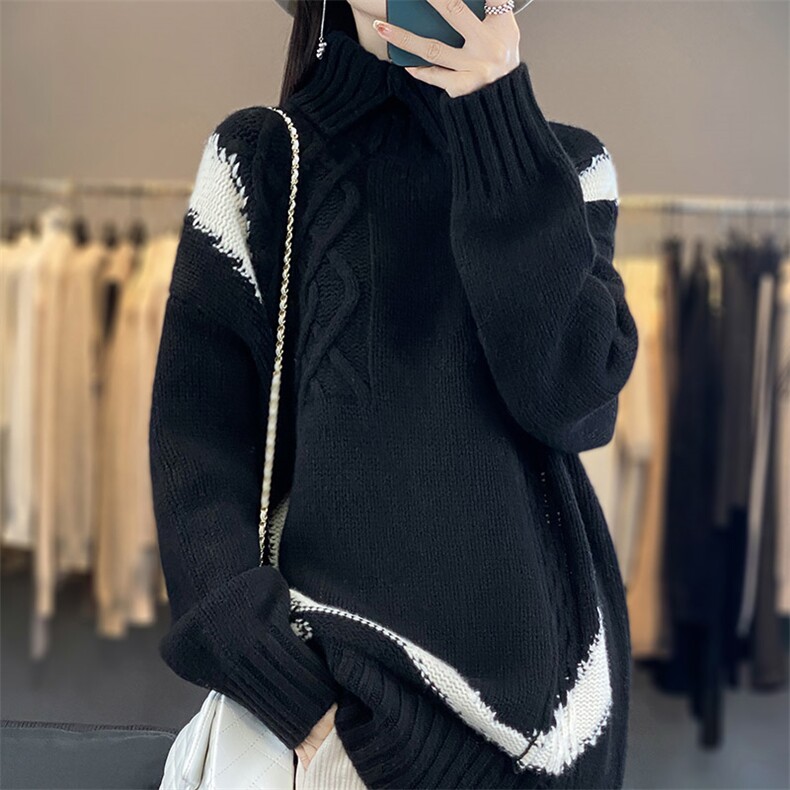 100%纯羊绒衫女高领撞色复古提花套头毛衣宽松慵懒羊毛针织打底衫,女装羊毛衫,琳华羊绒
