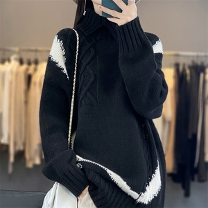 100%纯羊绒衫女高领撞色复古提花套头毛衣宽松慵懒羊毛针织打底衫图片