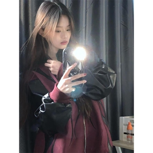 有货 酒红撞色拼接皮衣棒球服外套男女款春秋机车夹克J31HH-特P76图片
