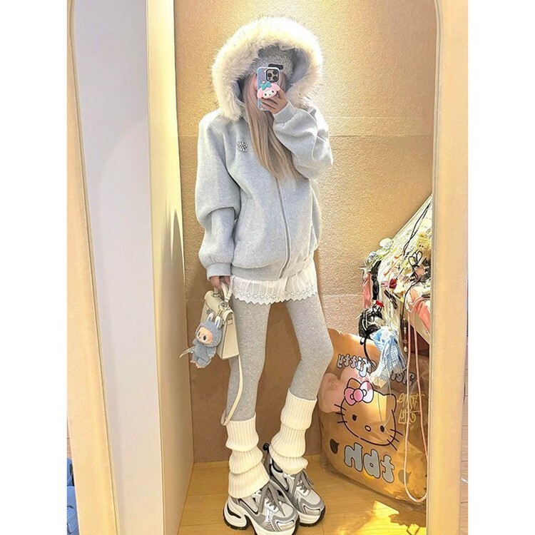 甜美学院慵懒风蓬松毛领连帽开衫卫衣女秋冬新款时尚简约百搭外套，女装短外套，星座218-8