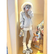 甜美学院慵懒风蓬松毛领连帽开衫卫衣女秋冬新款时尚简约百搭外套，女装短外套，星座218-8