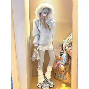 甜美学院慵懒风蓬松毛领连帽开衫卫衣女秋冬新款时尚简约百搭外套,女装短外套,星座218-8