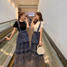 时尚气质2021夏季新款收腰背带网纱韩版拼接两件套，女装套装/套裙，艾仟回(原伊仟回)