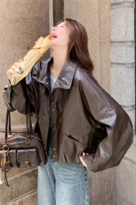 时髦复古时尚休闲皮衣外套女2025年秋季新款韩系宽松气质显瘦夹克，女装皮衣，蝶眷