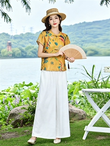 现货！夏季套装2026新款松弛感新中式盘扣上衣服女两件套端庄大气图片