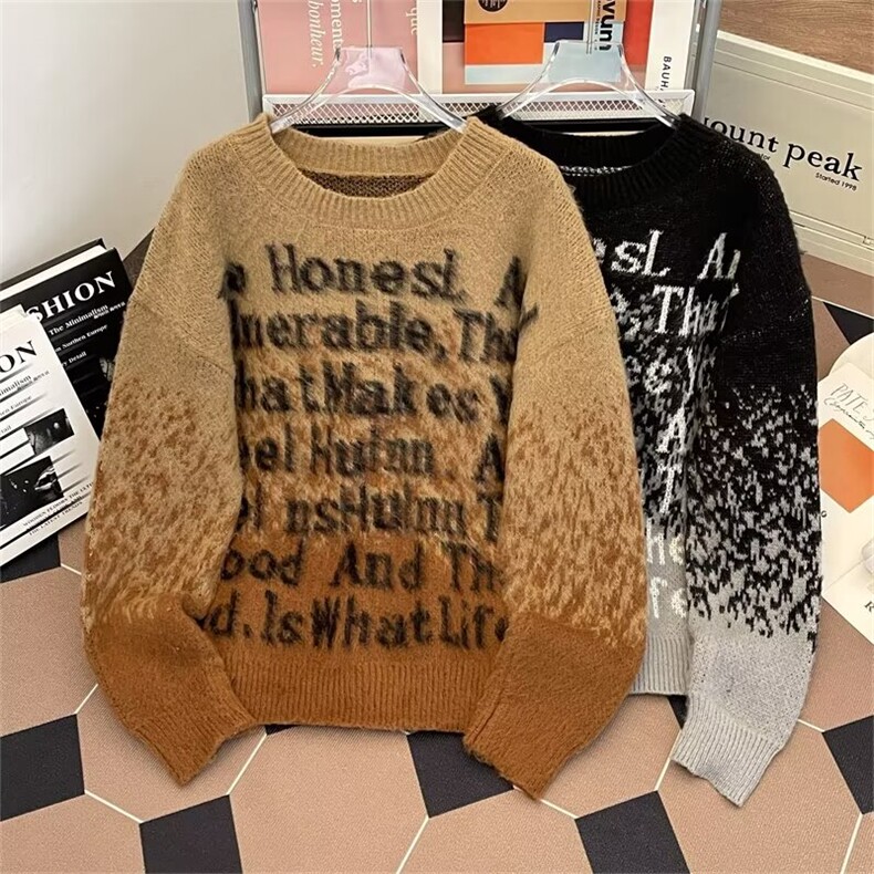 美式高街渐变字母针织衫设计感宽松软糯圆领毛衣MY390-P52，男装针织衫/毛衣，星座313A-2